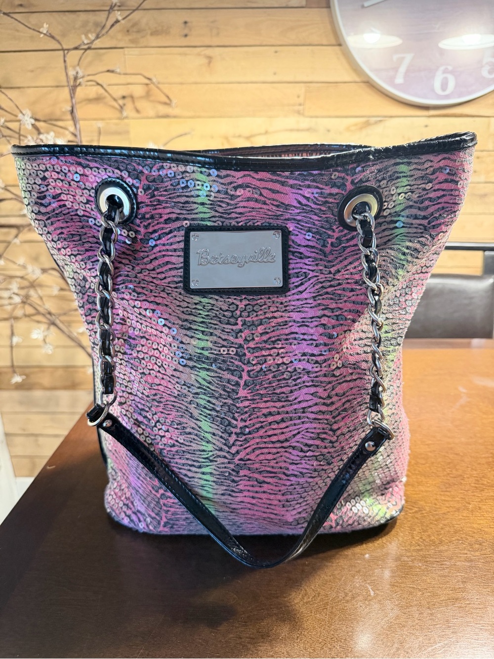 Betsey Johnson Pink Multicolor Sequin Tote with Chain Straps